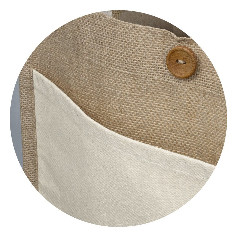 Set of 10 stylish jute tote bags with wooden button, cotton pocket, and comfy carry handles for eco-friendly shopping.