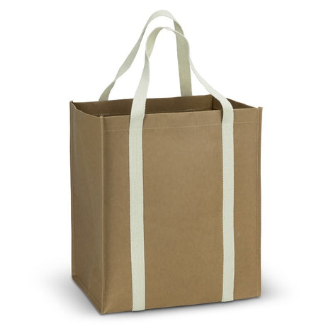 Eco-friendly 23L Kraft Tote Bag with durable cotton webbing handles, perfect for shopping and daily use.