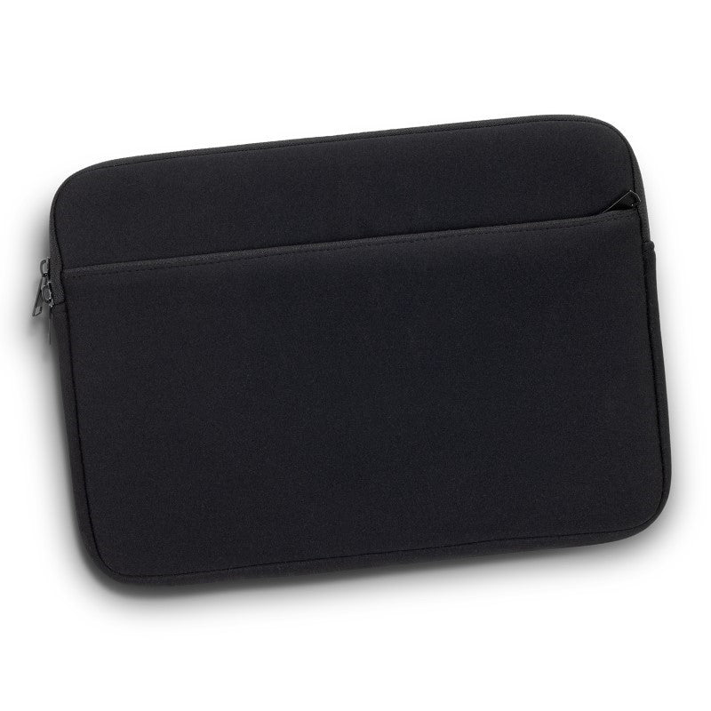 Sleek black neoprene device sleeve for laptops and tablets up to 12", featuring a front zipped pocket for accessories.