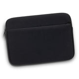 Sleek black neoprene device sleeve for laptops and tablets up to 12", featuring a front zipped pocket for accessories.