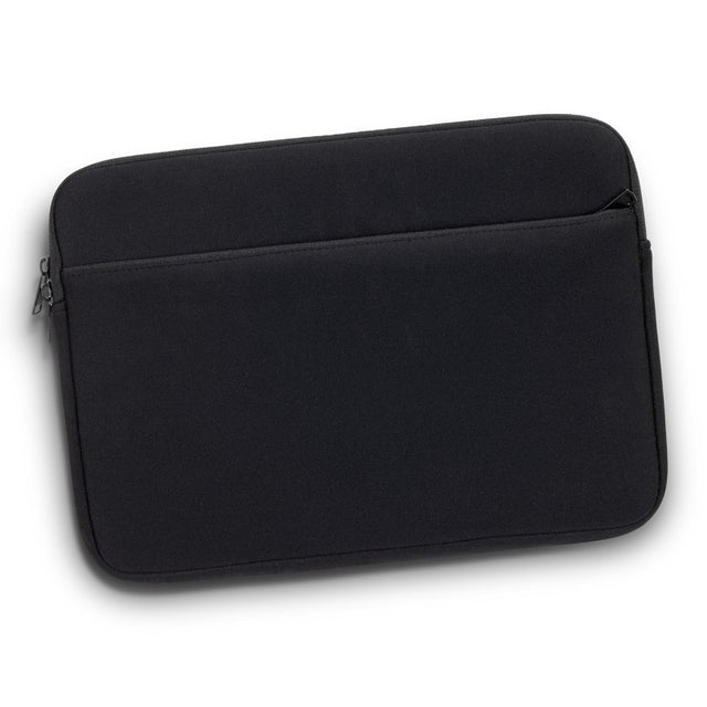 Sleek black neoprene device sleeve for laptops and tablets up to 12", featuring a front zipped pocket for accessories.