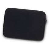 Sleek black neoprene device sleeve for laptops/tablets up to 12", featuring a front zipped pocket for accessories.