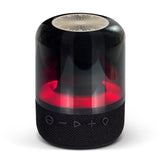 Luminous black Bluetooth speaker with 8W output, LED light effects, and hands-free calling for portable music enjoyment.