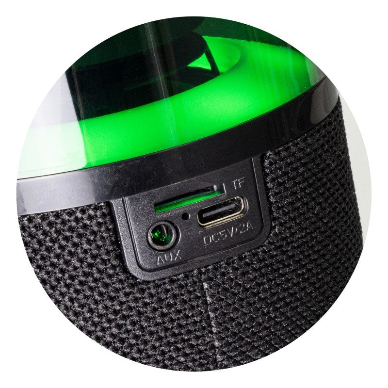 Compact black Bluetooth speaker with 8W output, LED light functions, and hands-free calling for portable music enjoyment.