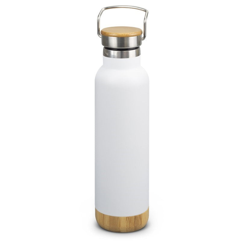 Nomad Bambino Vacuum Bottle in White, 650ml, double wall insulated with bamboo trim for hot or cold beverages on the go.