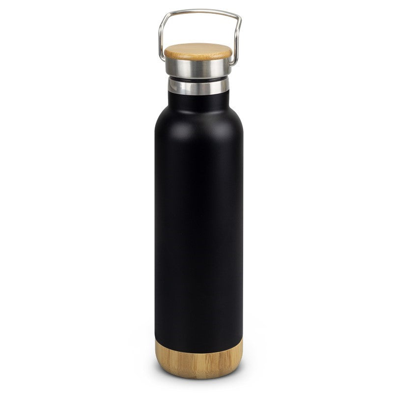 Vacuum bottle in black with bamboo trim, 650ml, insulated, durable design, perfect for on-the-go hydration.