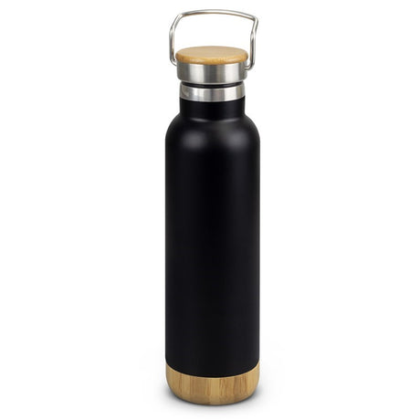 Vacuum bottle in black with bamboo trim, 650ml, insulated, durable design, perfect for on-the-go hydration.