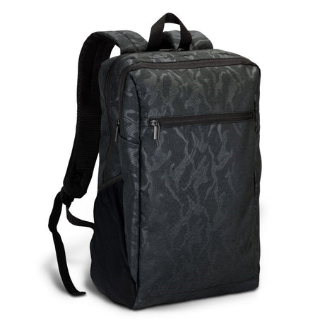 Urban Camo 21L Backpack in Black featuring durable polyester, organized pockets, and adjustable straps for comfort.