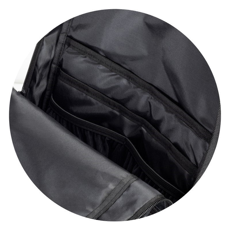 Sleek black Urban Camo 21L backpack with durable polyester, multiple pockets, and comfortable padded straps for adventurers.