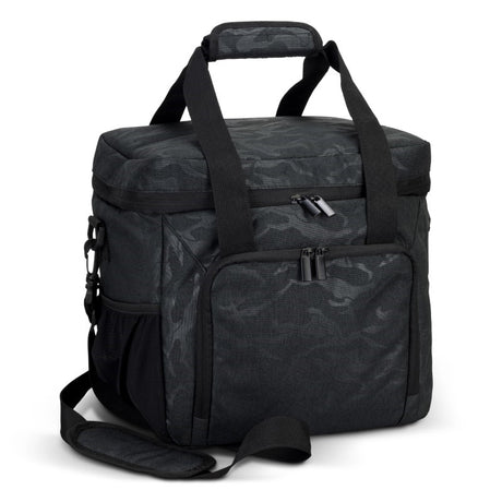 Urban Camo 17L Cooler Bag in Black with durable insulation, adjustable strap, and stylish camouflage design for outdoor adventures.