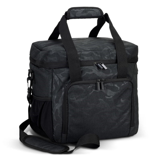 Urban Camo 17L Cooler Bag in Black with durable insulation, adjustable strap, and stylish camouflage design for outdoor adventures.