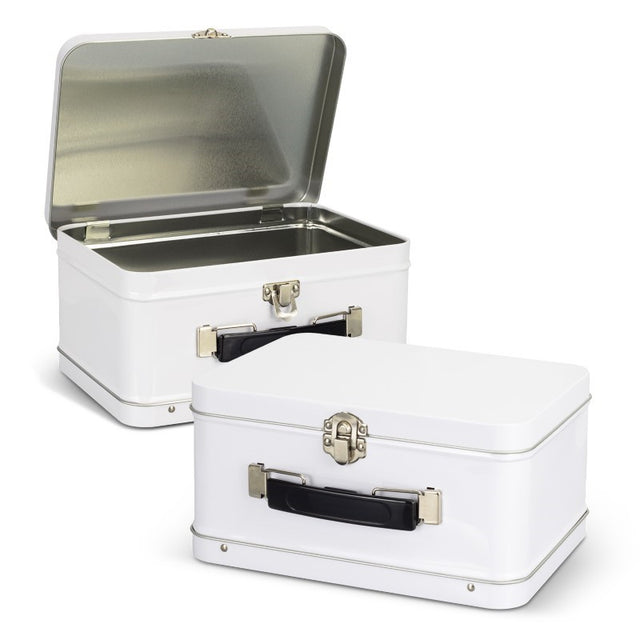 White retro tin lunch box (20cm) with a black handle, 800ml capacity, perfect for stylish meals on-the-go.