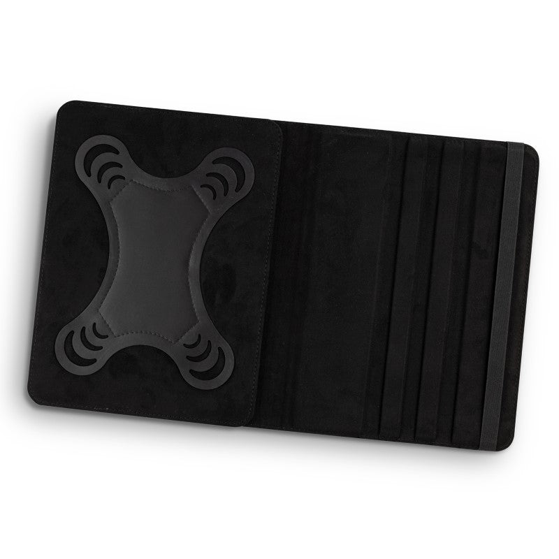 Sleek black tablet case with elastic closure, silicone grip, and stand, compatible with 8-11 inch tablets.