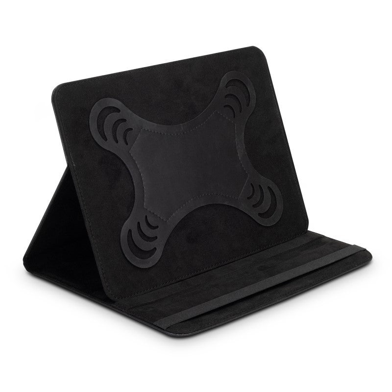 Sleek black tablet case with elastic closure, silicone grip, and stand for devices 8-11 inches, made of durable PU.