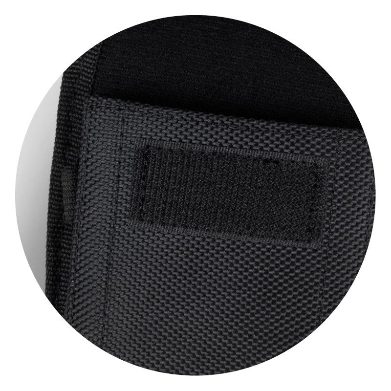 Set of 5 durable black phone pouches for devices up to 6.8", with flap closure and attachments for belts or bags.