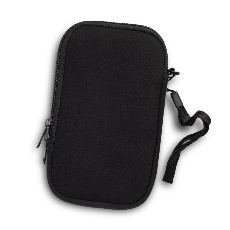Set of 10 sleek black neoprene phone sleeves with double-zippered closures and wrist straps for protection and convenience.