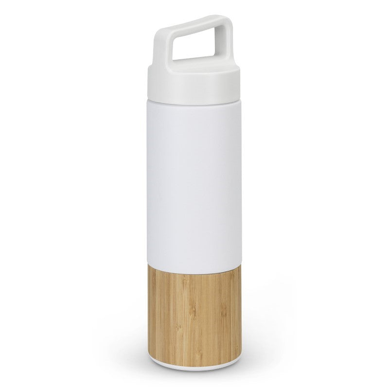 Mica 560ml Vacuum Bottle in White/Natural with bamboo trim, stainless steel construction, and tea infuser for stylish hydration.