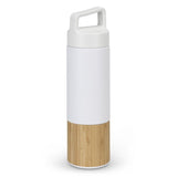 Mica 560ml Vacuum Bottle in White/Natural with bamboo trim, stainless steel construction, and tea infuser for stylish hydration.