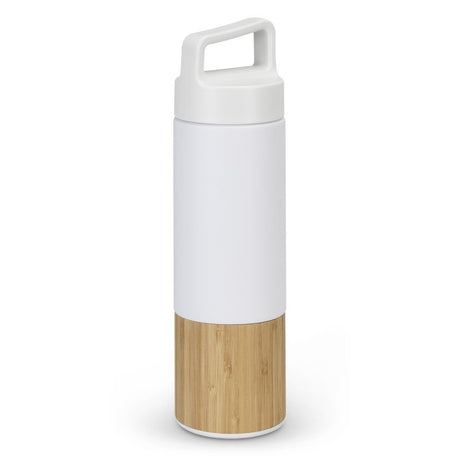 Mica 560ml Vacuum Bottle in White/Natural with bamboo trim, stainless steel construction, and tea infuser for stylish hydration.