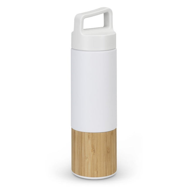 Mica 560ml Vacuum Bottle in White/Natural with bamboo trim, stainless steel construction, and tea infuser for stylish hydration.