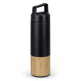 Sleek black/natural 560ml vacuum bottle with stainless steel, infuser, and bamboo trim for on-the-go hydration.