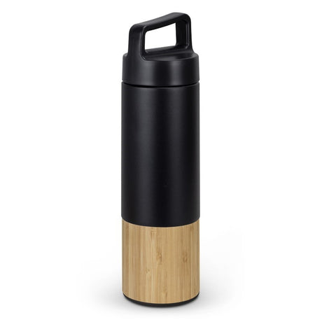 Sleek black/natural 560ml vacuum bottle with stainless steel, infuser, and bamboo trim for on-the-go hydration.
