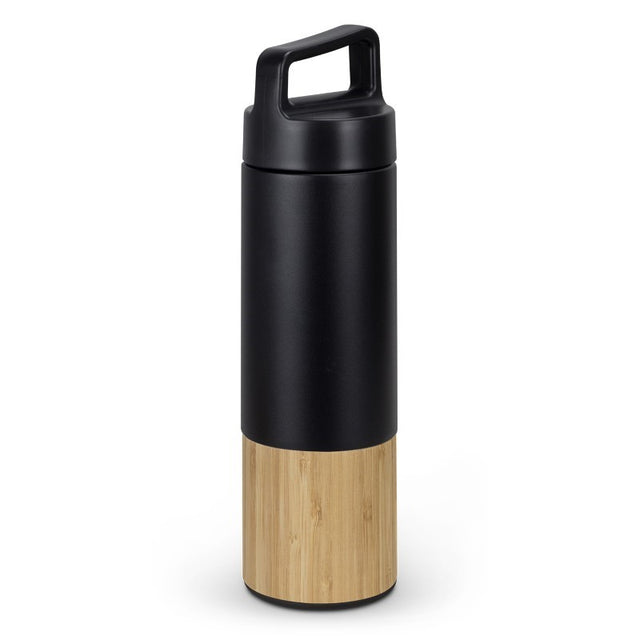 Sleek black/natural 560ml vacuum bottle with stainless steel, infuser, and bamboo trim for on-the-go hydration.