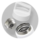 Mica 560ml vacuum bottle in white with natural bamboo trim, featuring stainless steel and a tea infuser for versatile hydration.