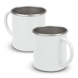 Set of 10 white Campster mugs, 350ml each, made of durable stainless steel with comfortable handles for outdoor and indoor use.