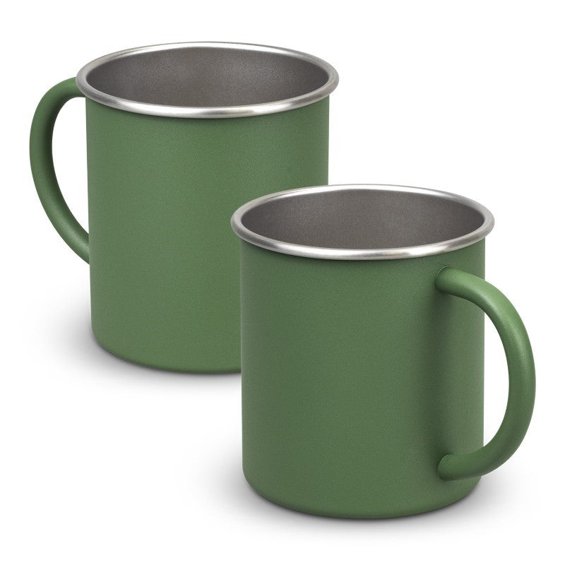 Set of 10 olive green stainless steel camp mugs, 350ml capacity, durable and stylish for outdoor adventures.