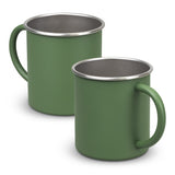 Set of 10 olive green stainless steel camp mugs, 350ml capacity, durable and stylish for outdoor adventures.