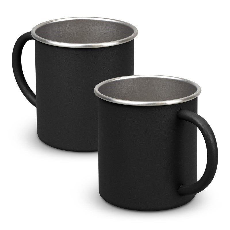 Set of 10 black stainless steel Campster mugs with elegant silver handles, perfect for outdoor adventures and everyday use.