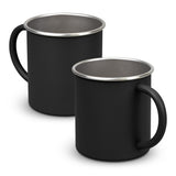 Set of 10 black stainless steel Campster mugs with elegant silver handles, perfect for outdoor adventures and everyday use.