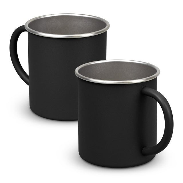 Set of 10 black stainless steel Campster mugs with elegant silver handles, perfect for outdoor adventures and everyday use.