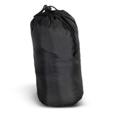 Cozy black puffer blanket, water-resistant, 1500mm x 1250mm, filled with foam, includes drawstring pouch for easy transport.