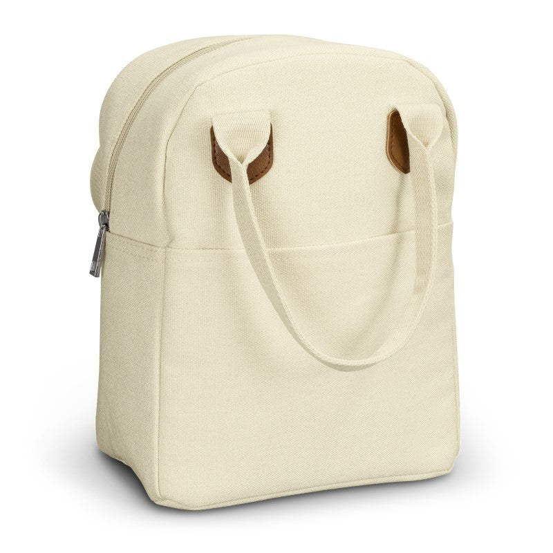 Natural cotton canvas lunch bag with insulation, zippered compartment, and stylish handles for convenient meal transport.