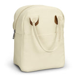 Natural cotton canvas lunch bag with insulation, zippered compartment, and stylish handles for convenient meal transport.
