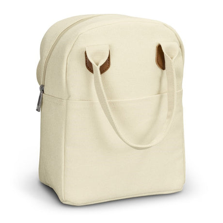 Natural cotton canvas lunch bag with insulation, zippered compartment, and stylish handles for convenient meal transport.