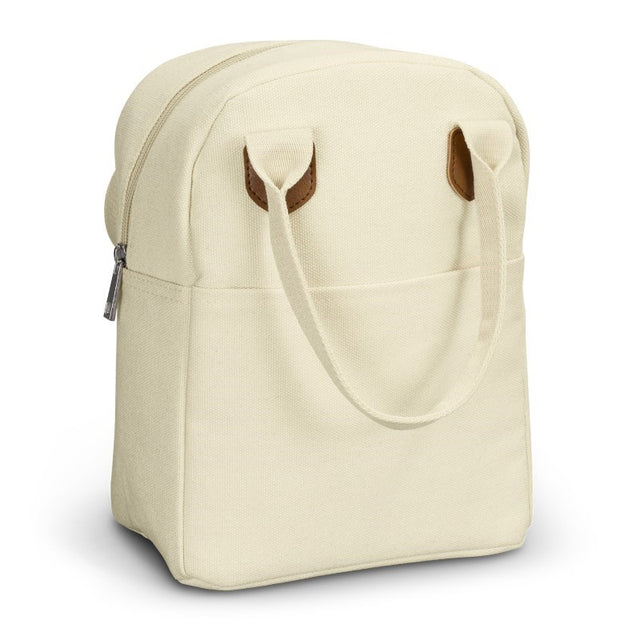 Natural cotton canvas lunch bag with insulation, zippered compartment, and stylish handles for convenient meal transport.