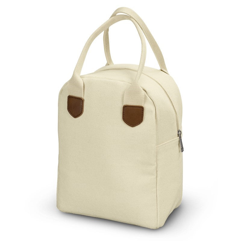 Eco-friendly natural cotton lunch bag with PE foam insulation and a zippered compartment, perfect for stylish meal prep.