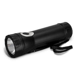 Compact black rechargeable torch with crank and USB charging, 10 lumens LED, perfect for outdoor adventures.