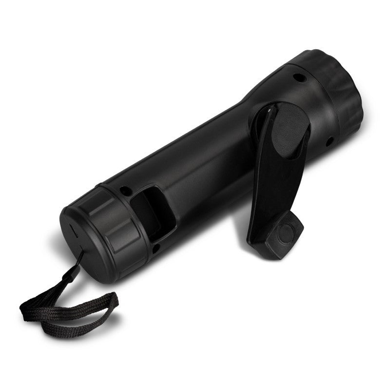 Portable black rechargeable torch with crank and USB charging, featuring 10 lumens LED for outdoor adventures.