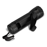 Portable black rechargeable torch with crank and USB charging, featuring 10 lumens LED for outdoor adventures.