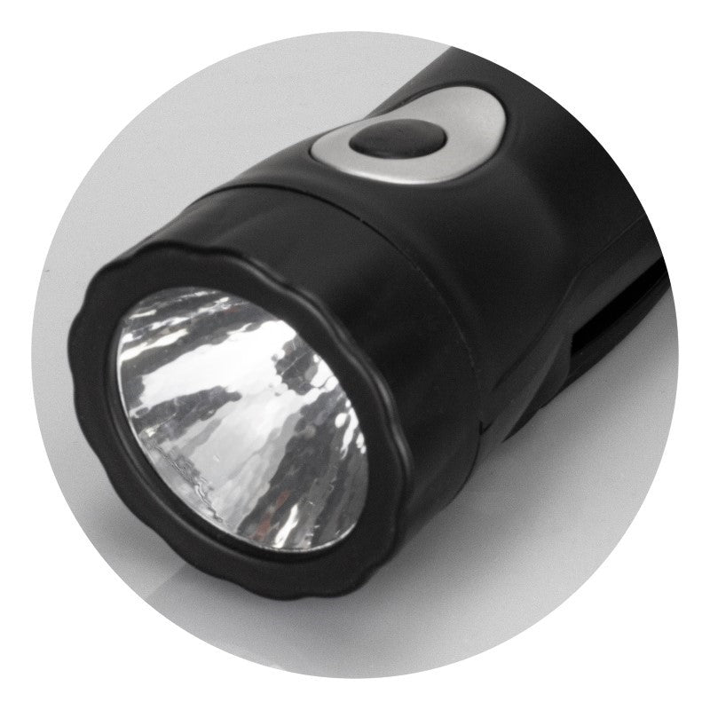 Sleek black rechargeable torch with crank mechanism and USB charging, featuring 10 lumens LED for reliable outdoor illumination.