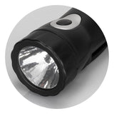 Sleek black rechargeable torch with crank mechanism and USB charging, featuring 10 lumens LED for reliable outdoor illumination.