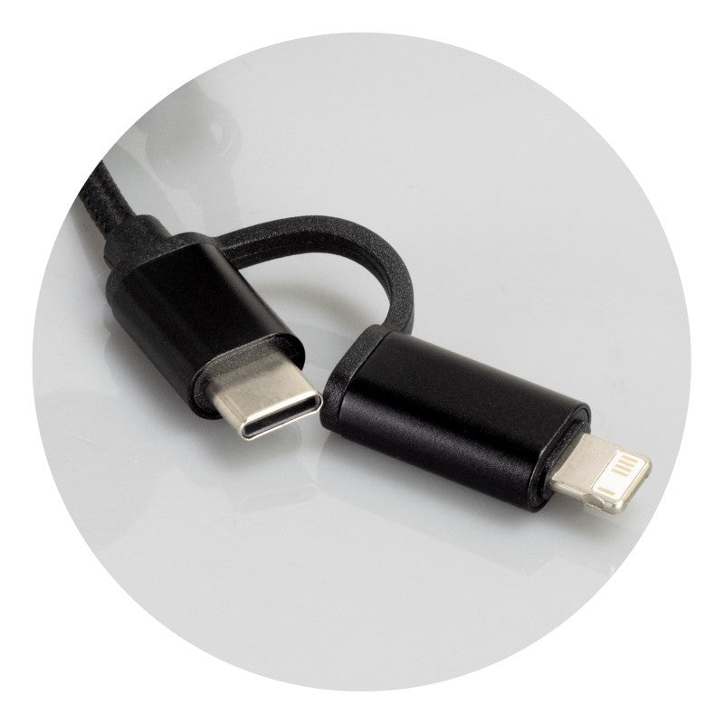 Set of 10 durable black braided charging cables, 50cm with USB-A, Type-C, Micro-B, and Lightning connectors for versatile use.