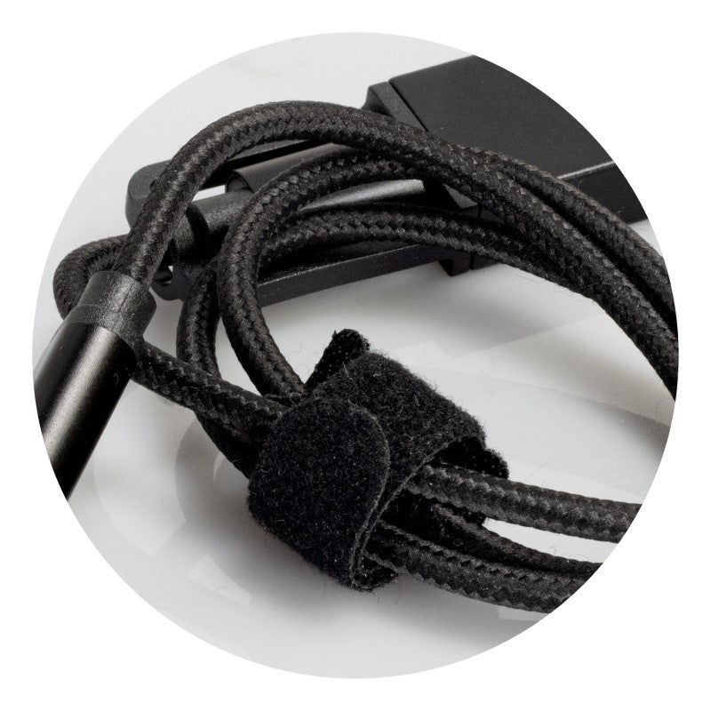Set of 10 black braided charging cables, 50cm long, featuring Type-C, Micro-B, Lightning connectors, and dual inputs.