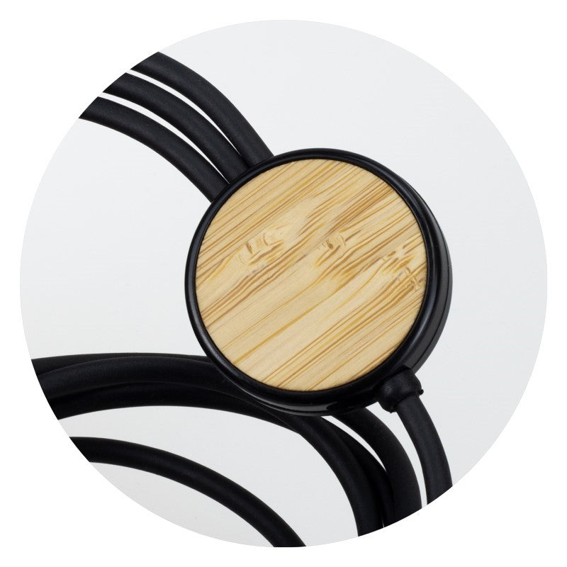 Triple Connector Cables in natural bamboo and black, featuring Type-C, Micro-B, and Lightning connectors for versatile charging.