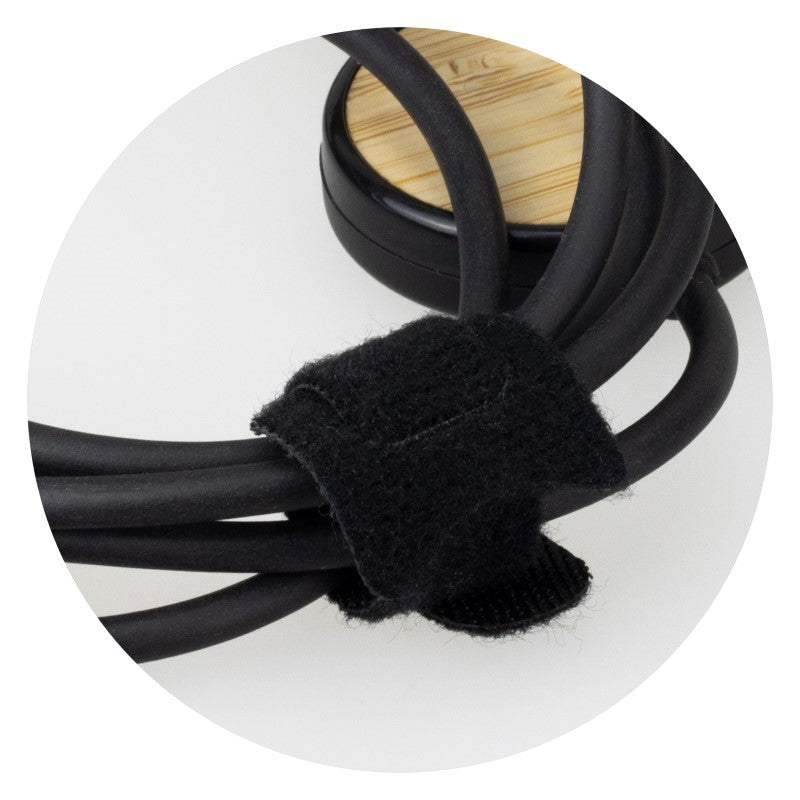 Set of 10 eco-friendly triple connector cables with bamboo hub and black finish for versatile device charging.