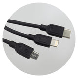 Triple Connector Cable set featuring sustainable bamboo design and versatile connections for efficient charging of multiple devices.